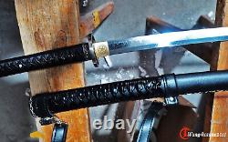 Walking Dead All Black Katana Clay Tempered Japanese Sharp Sword Leather Saya