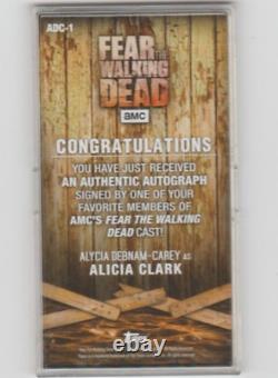 Carte d'autographe rare de Topps Fear The Walking Dead Alycia Debnam-Carey/Alicia.