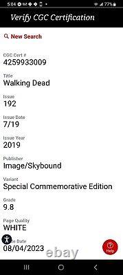La marche des morts-vivants 192 CGC 9.8 SS Édition commémorative Mort de Rick Grimes